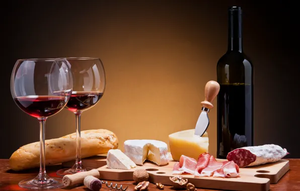 Wine, red, bottle, cheese, glasses, bread, meat, sausage
