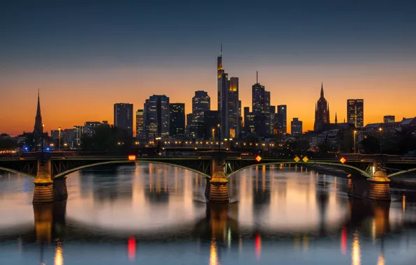 The sky, night, bridge, the city, lights, reflection, river, building