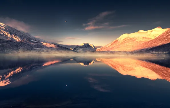 Winter, forest, the sky, snow, mountains, reflection, hills, the moon