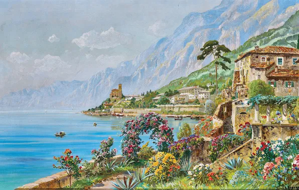 Flowers, Home, Trees, Picture, Coast, Alois Arnegger, Alois Arnegger, Austrian painter