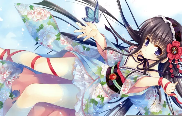 Flowers, butterfly, anime, art, girl