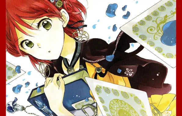 Face, earrings, petals, book, bottle, art, Akagami no Shirayuki-hime, Shirayuki