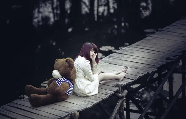 Girl, bridge, bear