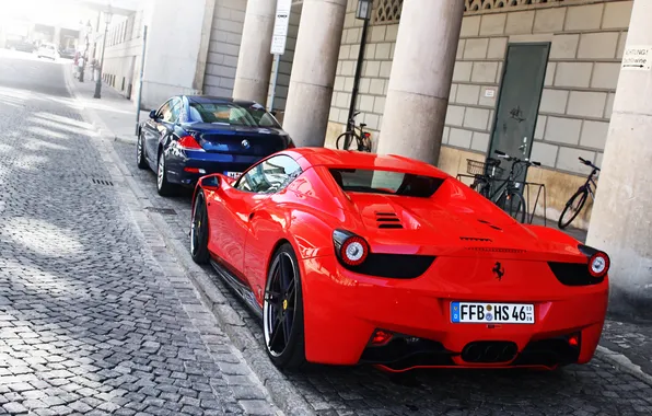 The city, street, bmw, BMW, Ferrari, red, Ferrari, 458
