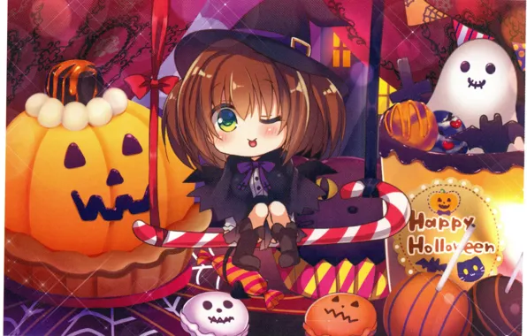 Swing, sweets, halloween, Jack, Ghost, pumpkins, black cloak, witch hat