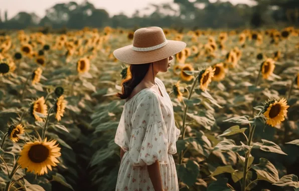 Picture hat, AI art, walk, white dress, girl, field, summer, sunflowers
