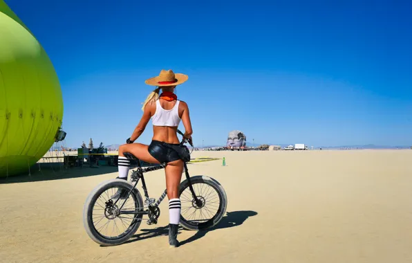 Picture girl, bike, pose, hat, figure, shorts