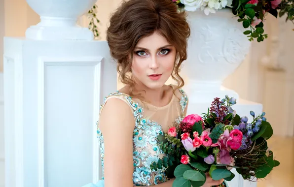 Girl, flowers, bouquet, makeup, dress, hairstyle, brown hair, vases