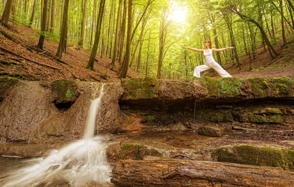 Forest, girl, the sun, trees, nature, pose, gymnastics, waterfall