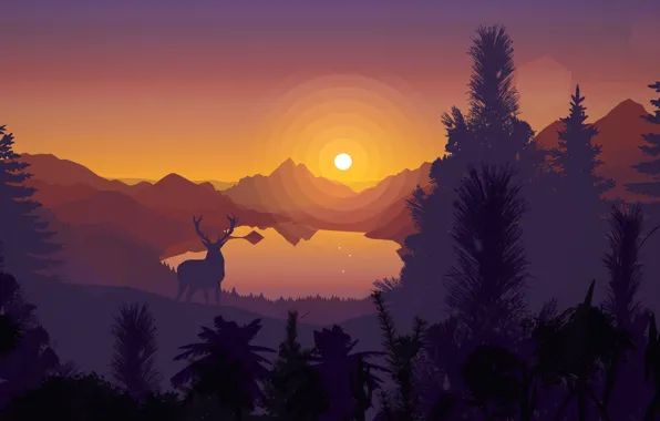 Sunset, mountains, lake, vector, deer, silhouette, postcard