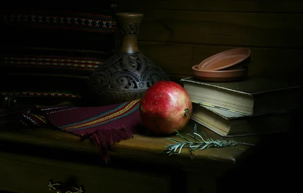 The dark background, books, fabric, pitcher, still life, items, chest, garnet