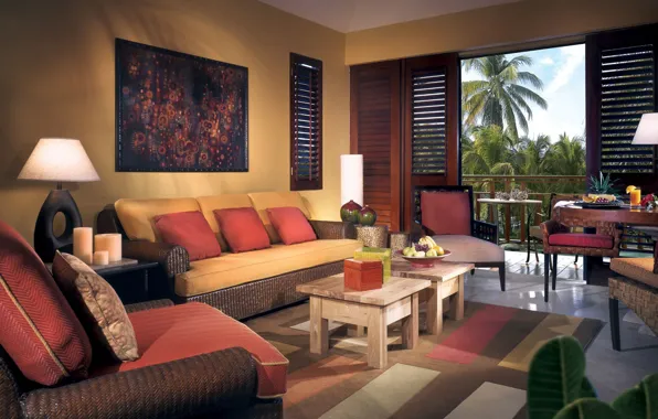 Palm trees, room, sofa, interior, balcony