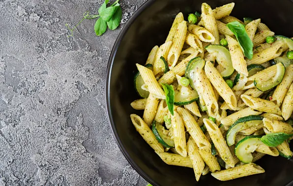Greens, background, food, plate, grey background, pasta, zucchini, Basil