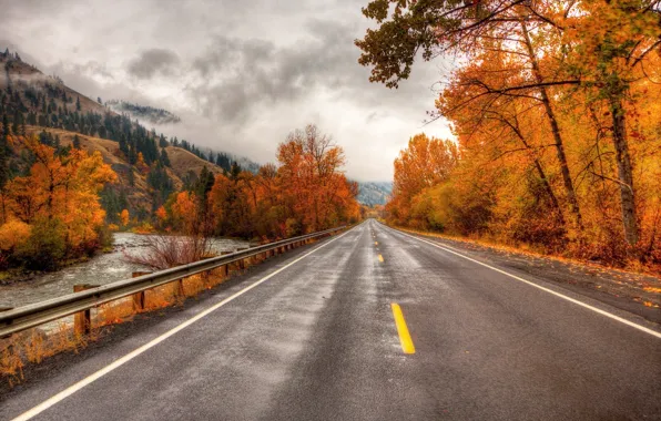 Road, autumn, mountains, river, road, river, trees, autumn