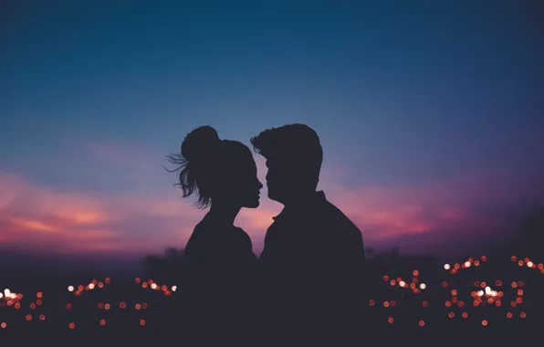 Picture girl, the city, lights, the evening, silhouette, male, lovers