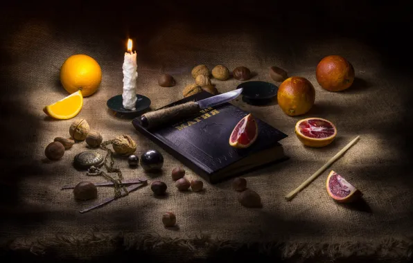 Magic, knife, book, nuts, still life, grapefruit