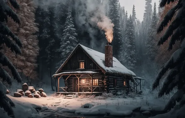 Winter, forest, light, snow, house, glade, smoke, hut