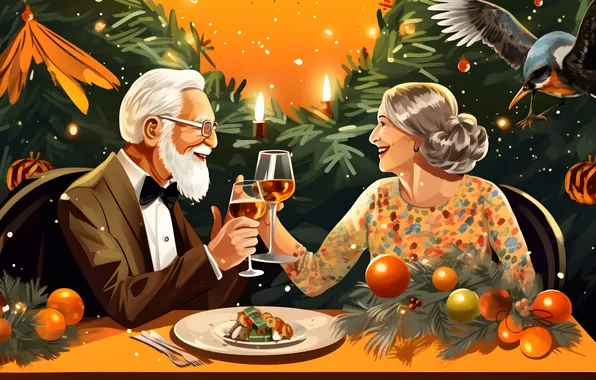 Picture Glasses, Smile, Table, Christmas, Grandma, New year, Two, Digital art