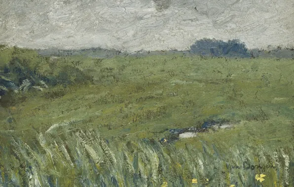 Field, paper, oil, Landscape, yellow flowers, cloudy sky, Kees van Board.