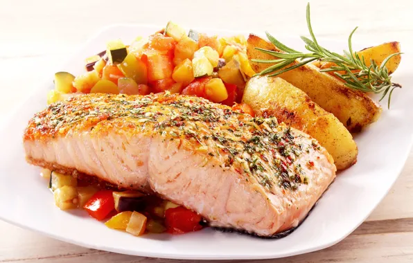 Fish, plate, vegetables, dish, spices