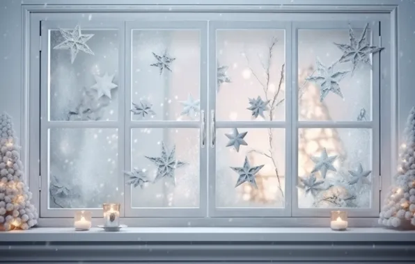 Picture winter, snow, decoration, balls, tree, New Year, window, Christmas