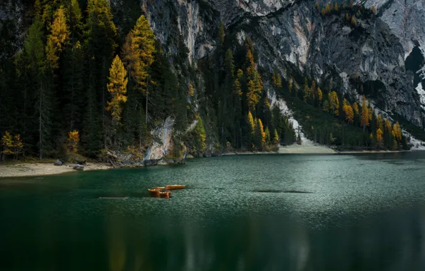 Autumn, forest, trees, mountains, lake, river, rocks, shore