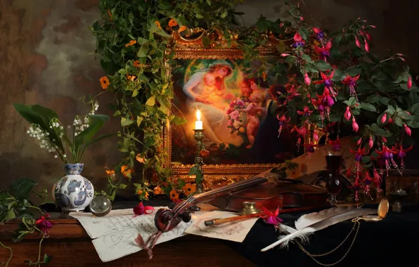 Picture flowers, pen, violin, glass, candle, picture, drink, lilies of the valley