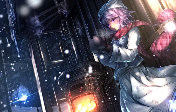 Cold, girl, snow, anime, scarf, art, touhou, mittens