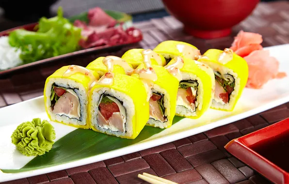 Figure, sushi, rolls, wasabi, filling, Japanese cuisine