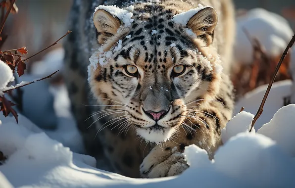 Winter, Look, Snow, Face, Predator, Snow leopard, Front, Digital art