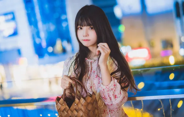 Beautiful, Asian, Model, Lights, Night, Woman, Building, Cute