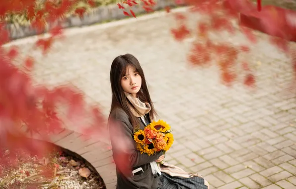 Beautiful, Asian, Model, Tree, Flowers, Woman, Bouquet, Cute