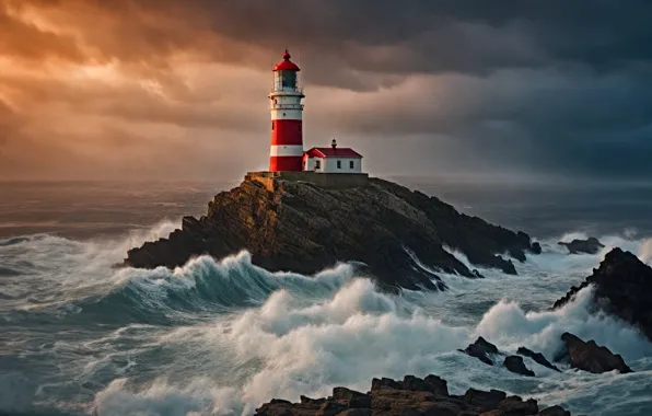 Picture sea, wave, shore, lighthouse, AI art, neural network