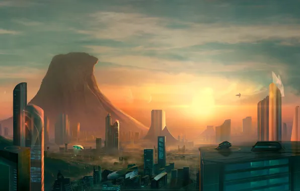 The sun, Sunrise, The city, Future, Dawn, Building, City, Fantasy
