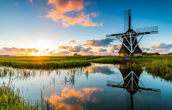 Morning, mill, channel, Netherlands, Holland