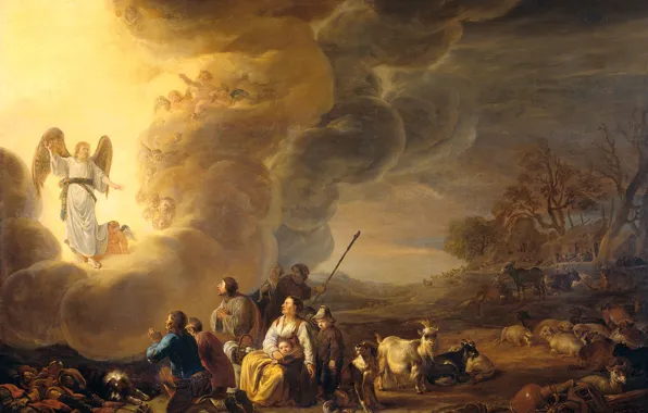 Trees, oil, picture, mythology, A proclamation to the Shepherds, Cornelis Saftleven