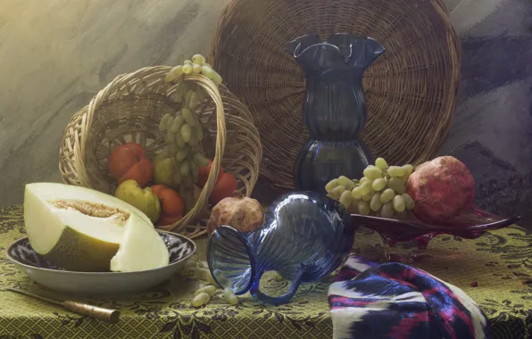 Table, basket, grapes, knife, dishes, fabric, vase, pitcher