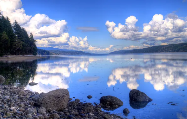 Picture the sky, clouds, mountains, lake, reflection, stones