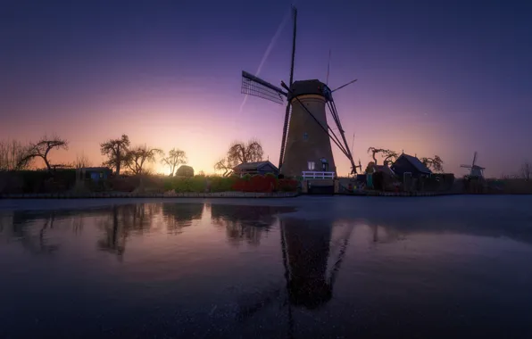 Winter, the sky, stars, river, the evening, channel, Netherlands, windmills