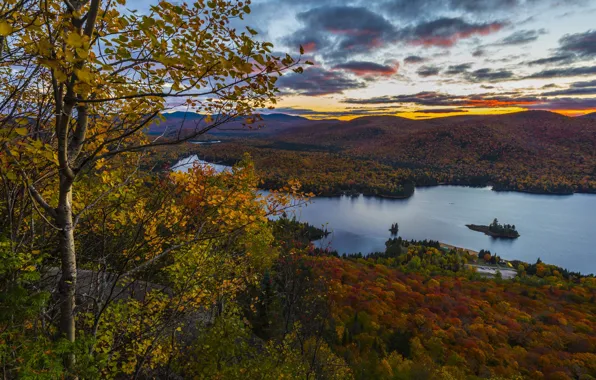 Autumn, the sky, clouds, mountains, branches, river, hills, foliage