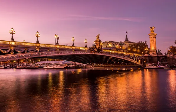 Picture bridge, lights, river, France, Paris, lights, boats, promenade