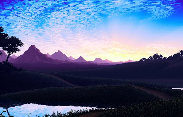 Nature, Mountains, Retro, View, Art, Graphics, Pixels, 8bit
