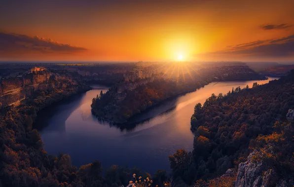 Forest, the sun, sunset, river, rocks, view, height, Bank