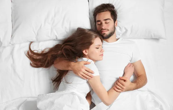 Woman, man, sleeping, embraced
