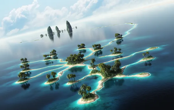 Sea, the sky, water, clouds, palm trees, island