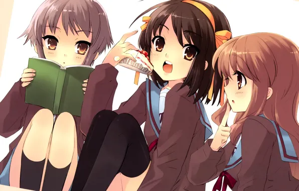 Book, Schoolgirls, friend, The Melancholy Of Haruhi Suzumiya, black stockings, sailor, piece of cake, Yuki …