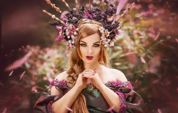 Look, girl, decoration, flowers, nature, face, style, portrait