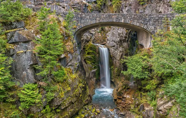 Trees, mountains, bridge, river, rocks, waterfall, stream, Washington