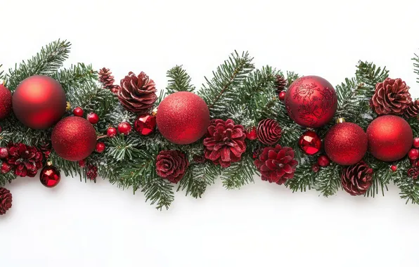 Balls, branches, Christmas, white background, New year, needles, wreath, Christmas decorations