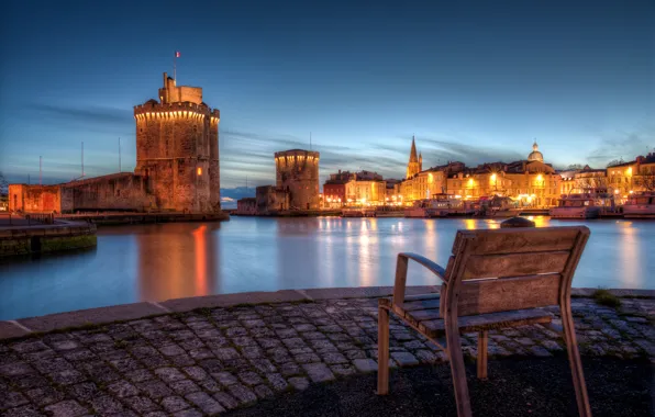 The city, lights, coast, France, the evening, pavers, chair, Bay